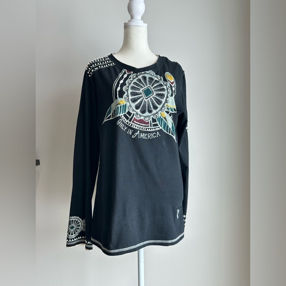 Double D Ranch Concho & Horshoe Black Beaded and Embroidered Tee Size Large